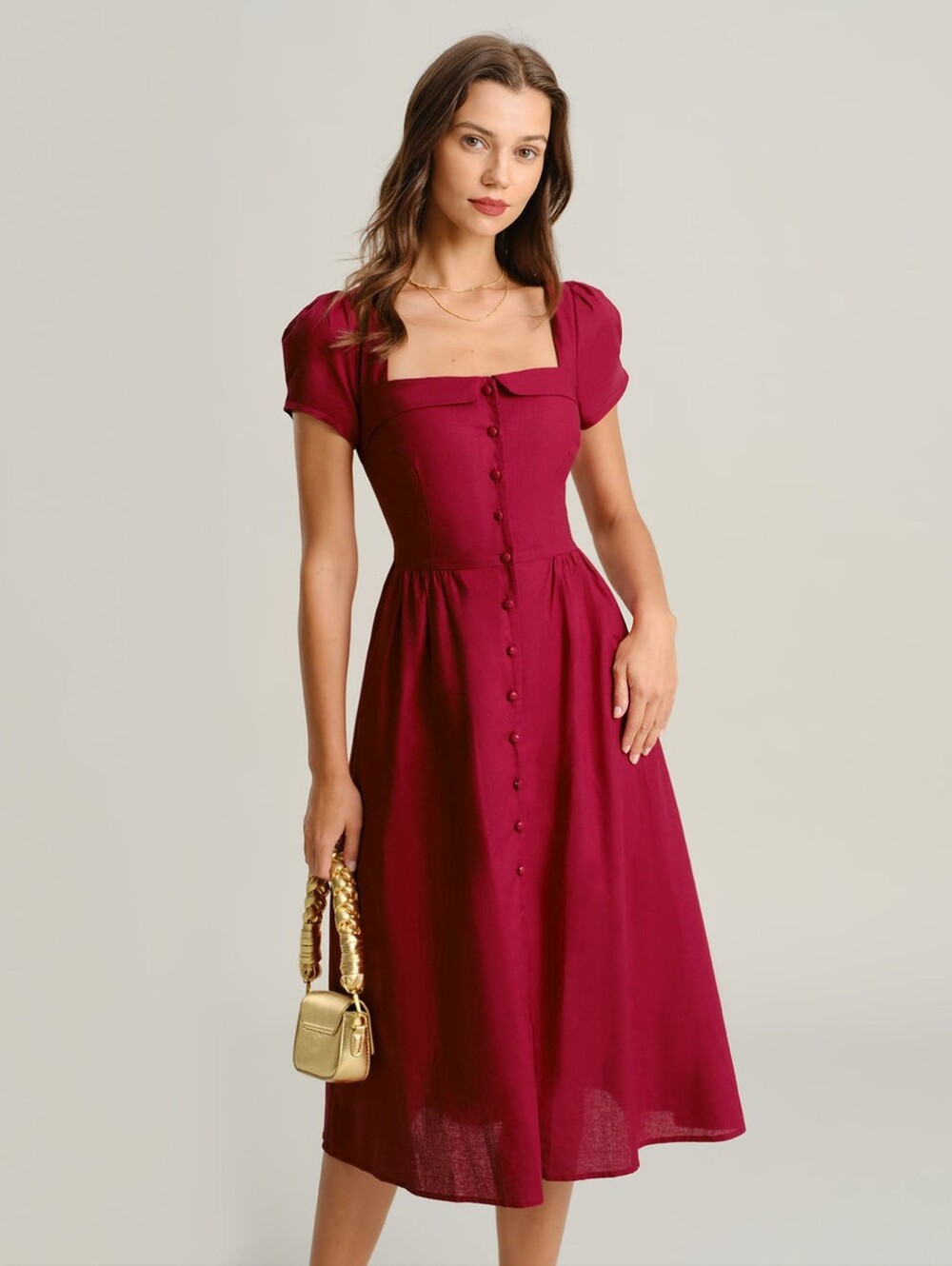 Wine Red Square Neck A-Line Midi Dress